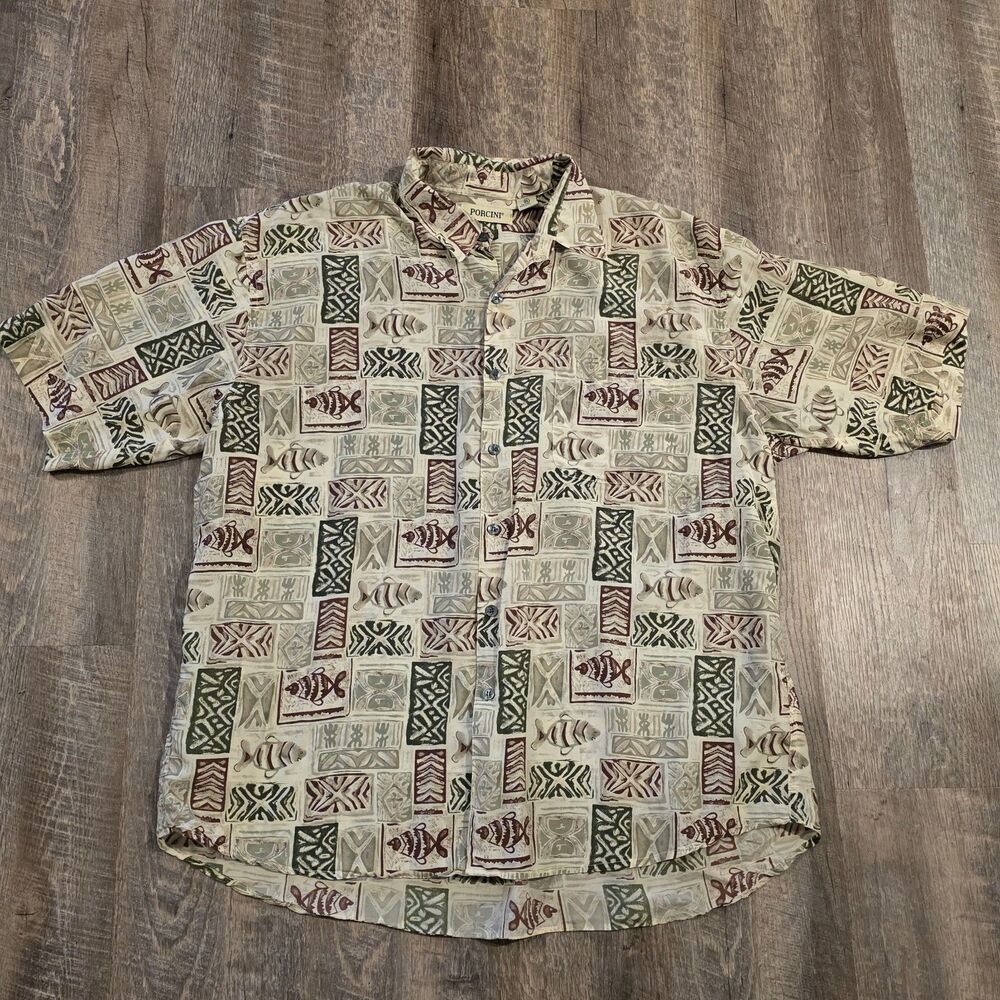 Porcini Men's Aztec Designed Short Sleeve Button Down 70% Silk Shirt Size XL